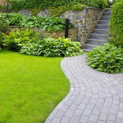 Gepflasterter Weg und Natursteinmauer